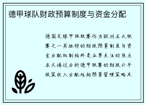 德甲球队财政预算制度与资金分配