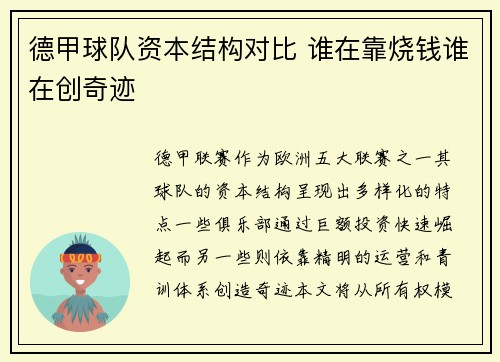 德甲球队资本结构对比 谁在靠烧钱谁在创奇迹
